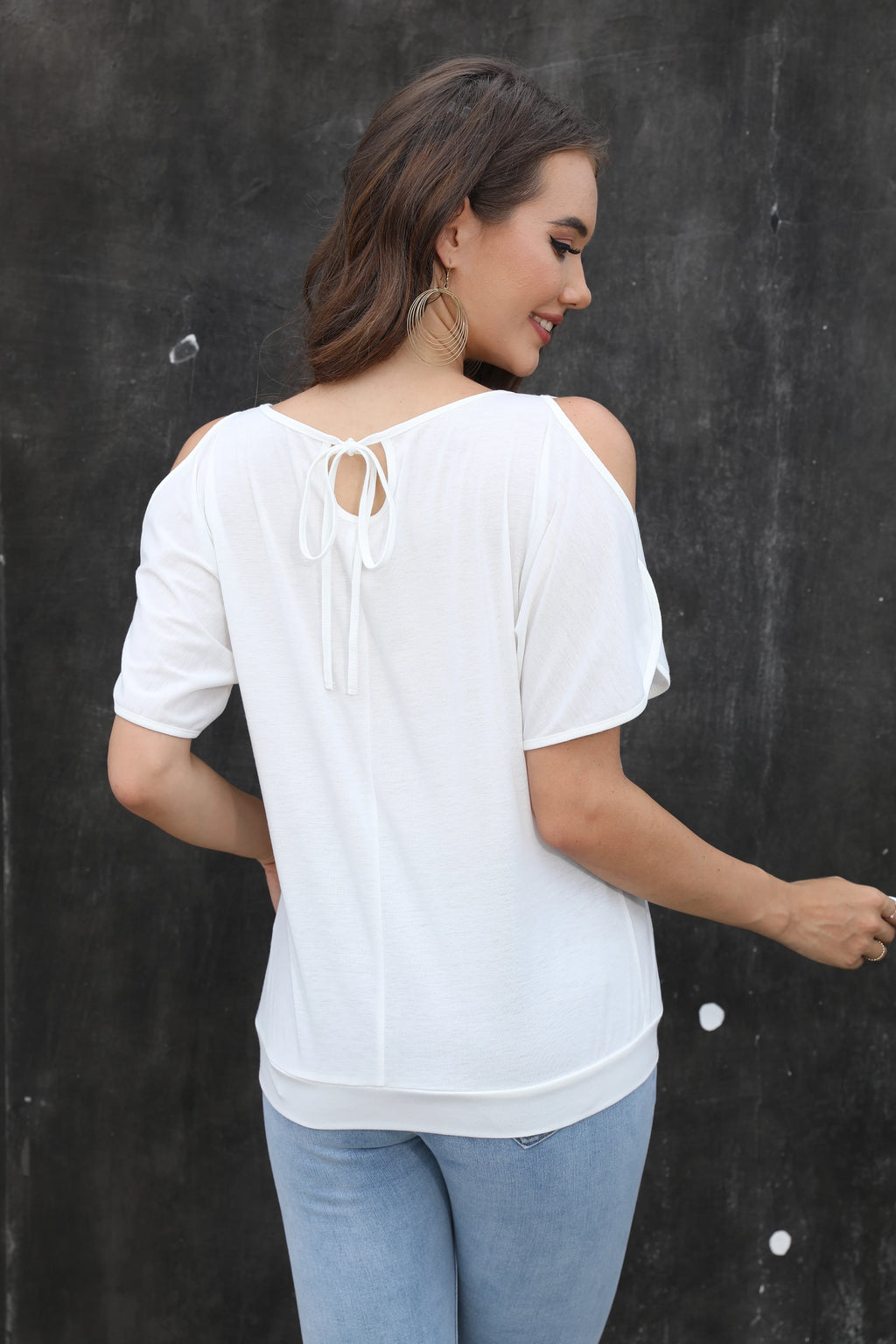 Women Cold Shoulder Short Sleeve T Shirts Back Tie Knot Loose Casual