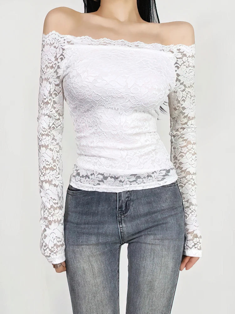 Sexy Lace Off shoulder Top Women Stretch Full Lace Hollow out Basic