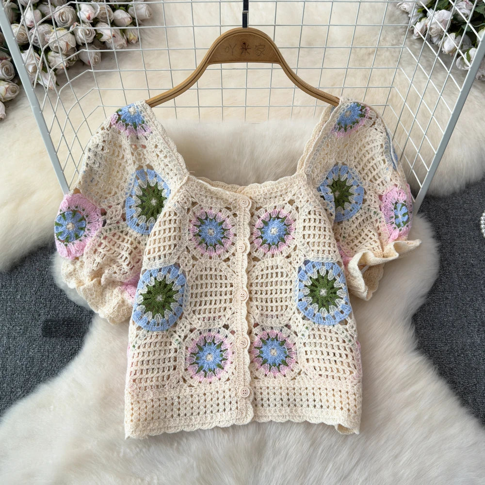 Square Neck Button-up Crochet Top Short Sleeve Granny Square Open-knit