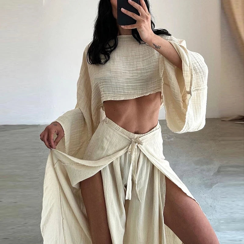 Spring Casual Solid Cotton Linen Suit Summer O Neck Crop Top+Lace-up
