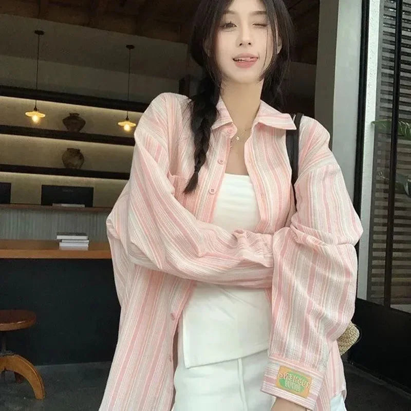 Pink Striped Shirt Women Korean Style Loose Long Sleeved Button Up
