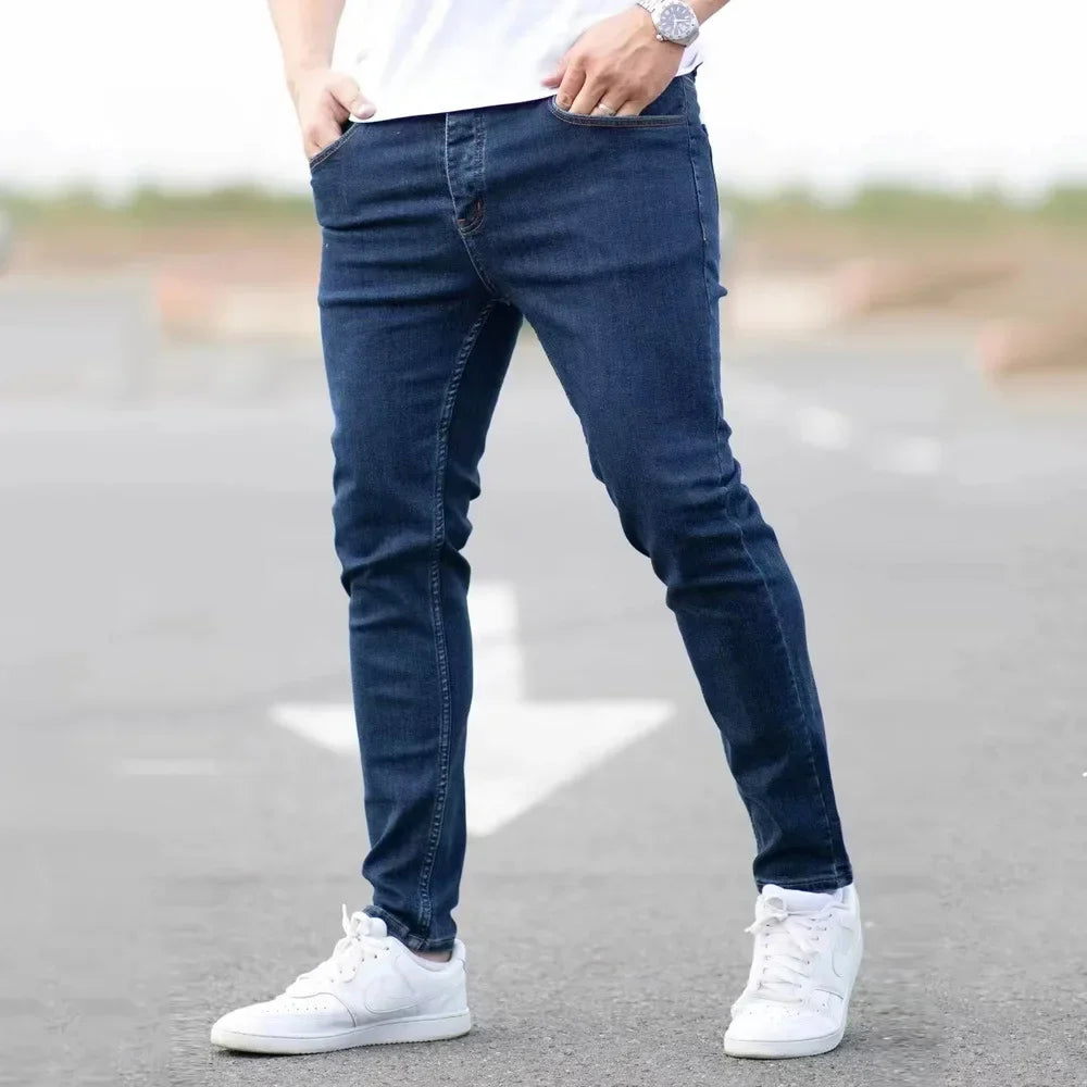 Spring Mens Black Blue Pants Pure Color Stretch Jeans Street Casual