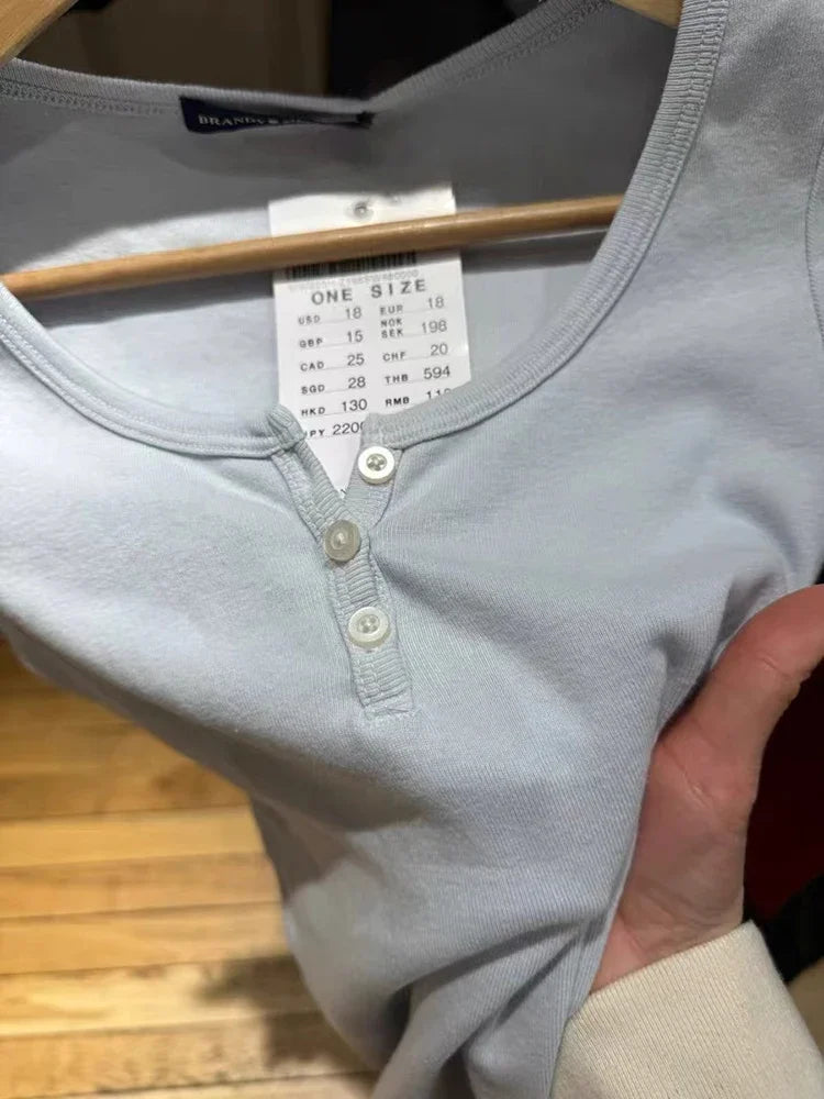 New Blue Three Buttons Slim Crop Top Summer O-neck Cotton Short Sleeve