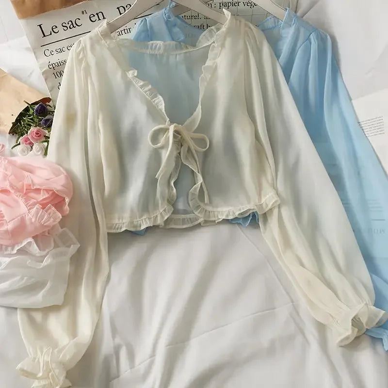 Women Summer Sun Protection Coat Lace Bow Ruffle Cardigan Shirt Female