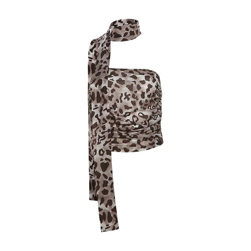 Women Tulle Leopard Print Top with Bandeau Off-the-shoulder