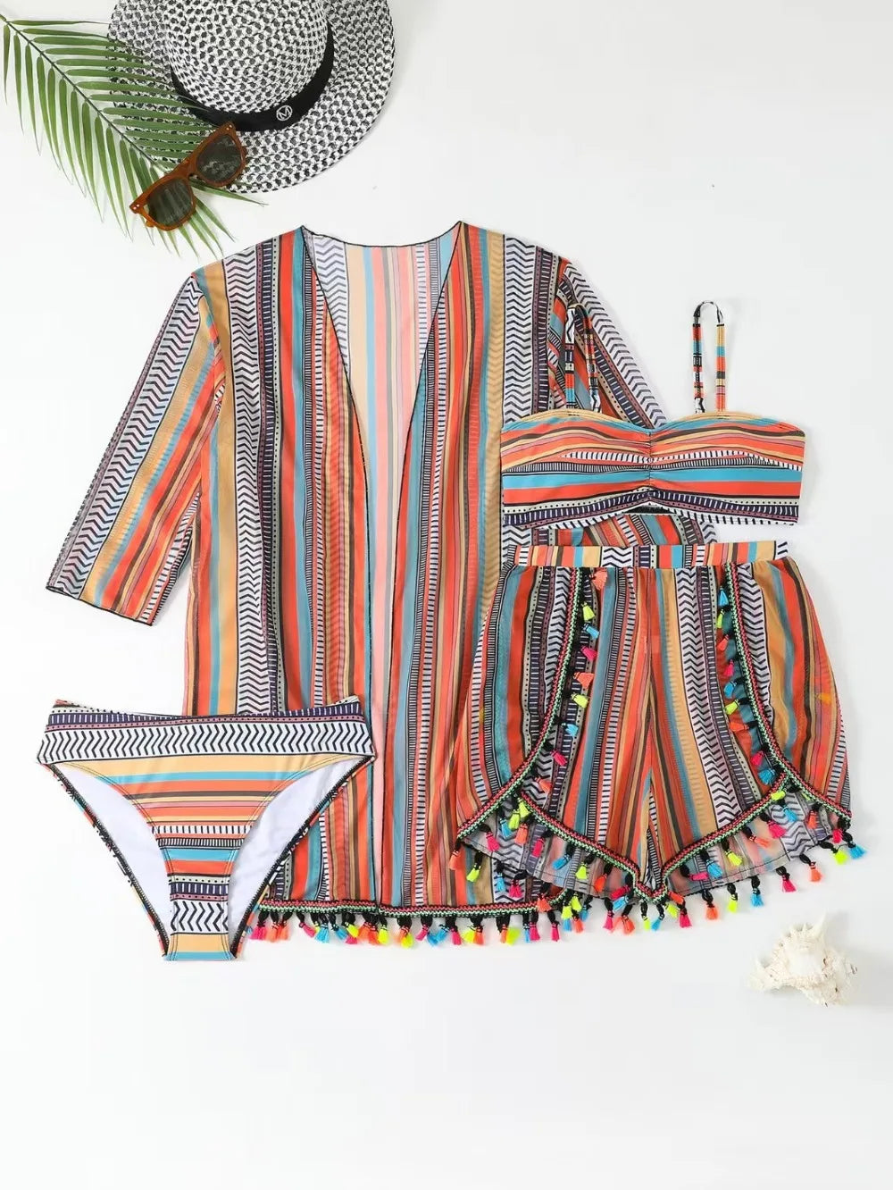 New sunscreen blouse sexy tassel bikini four-piece swimsuit women's