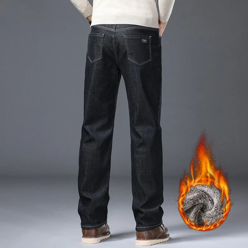 Men's Fleece Lined Thicken Jeans Winter Warm Stretch Slim Fit Denim