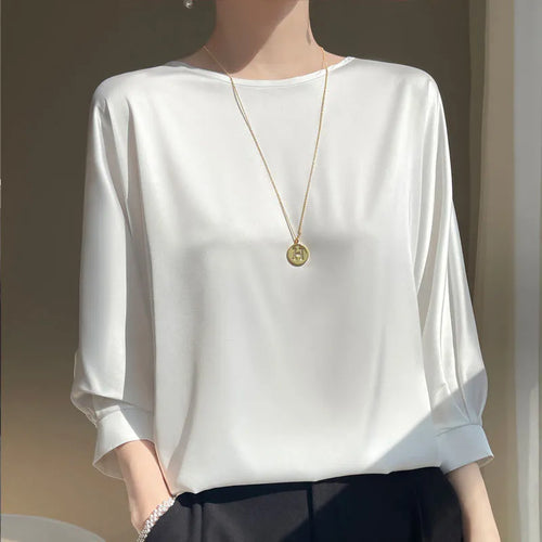 2023 New In Summer Satin Silk Half-Sleeve Tee Tops Basic Solid Women‘s