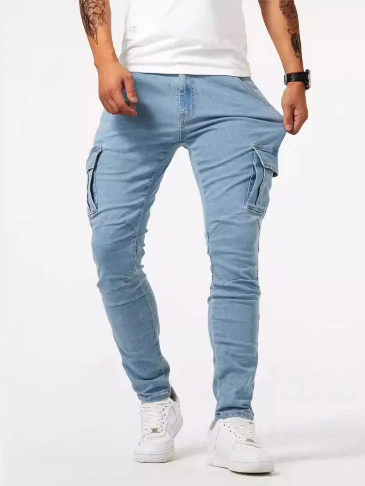 Men Elastic Streetwear Cargo Pants Jeans Wash Multi Pockets Y2k Mid