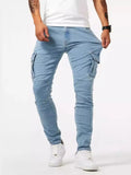 Men Elastic Streetwear Cargo Pants Jeans Wash Multi Pockets Y2k Mid