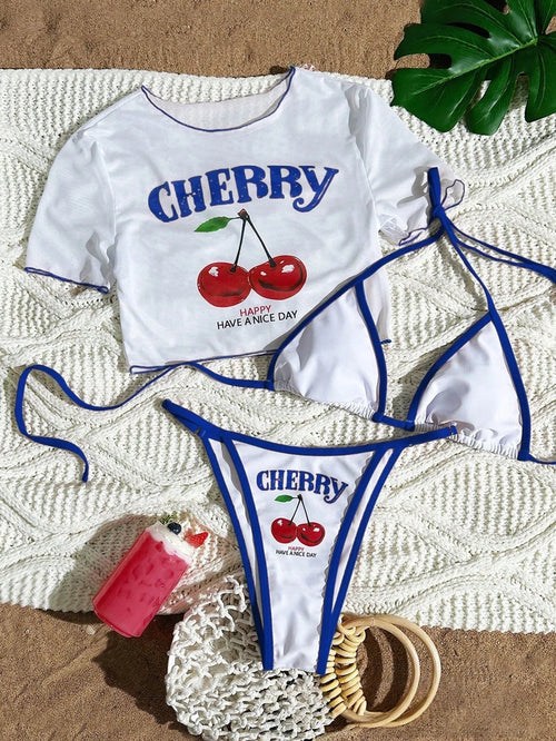 2026 New Printed Top Mesh Blouse Split Sexy Three-Piece Bikini