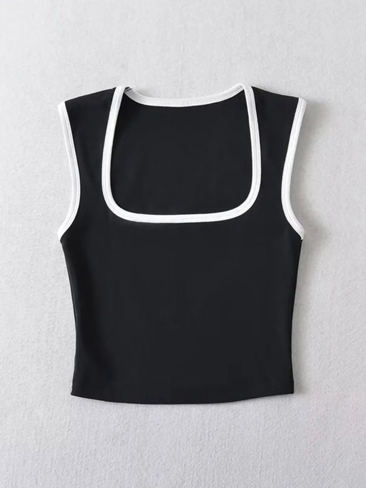 Woman Fashion Slim Solid Casual Sleeveless Tanks Square Collar Crop