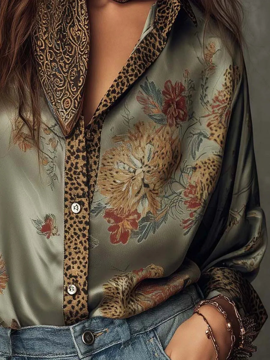 Retro Floral Print Loose Blouse Women Leopard Splice Lapel Button Long