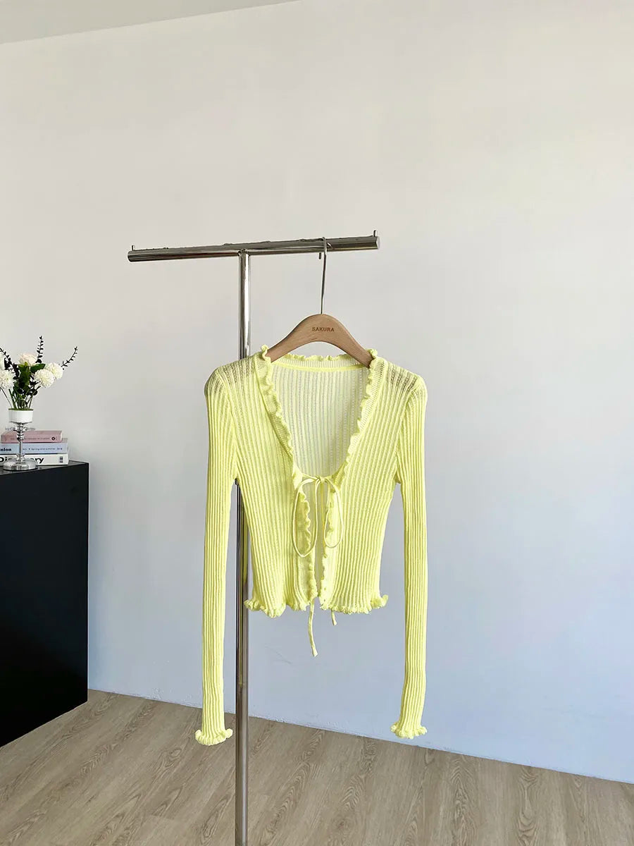 Ribbed Knit Cardigan with Tie Front Ruffled Trim Crop Tops Lightweight