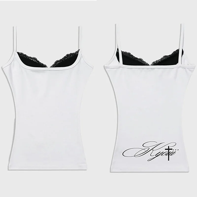 Women White Spaghetti Strap Cami Top Contrast Lace Trim Back Graphic