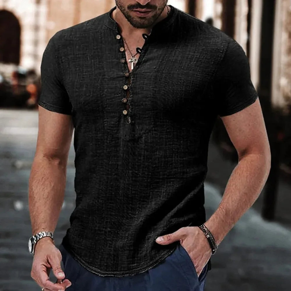 New Men's Short Sleeve T-shirt for Men Button Cotton Linen Shirt Men's