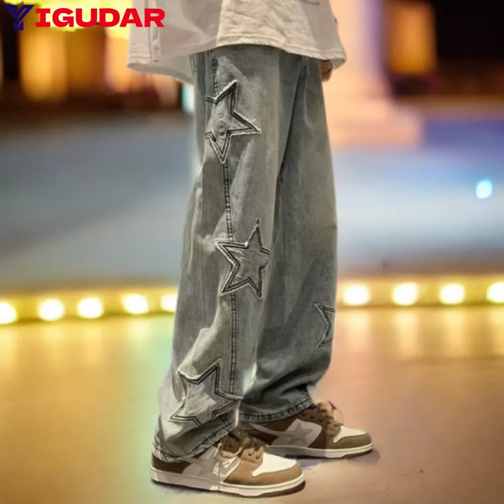 Star Embroidery Straight Casual Men Jeans Gothic Neutral New Wide Leg