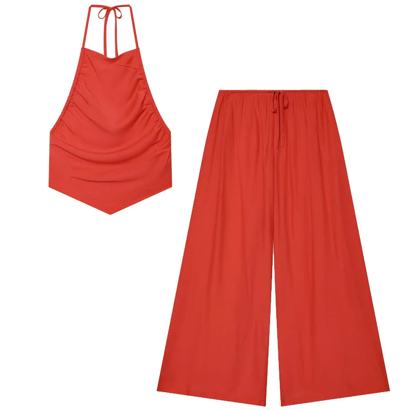 HXAO Red Ruffled Pants Sets Women's Suit Halter Crop Backless
