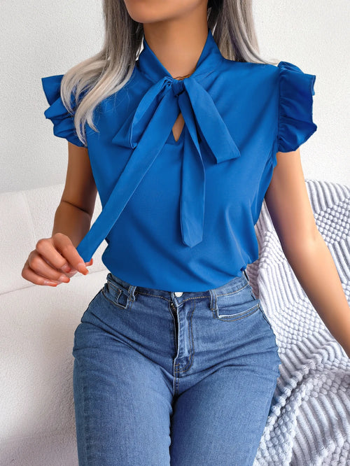 Women's Casual Bow Ruffle Short Sleeve Chiffon Blouse V Neck Lace Up