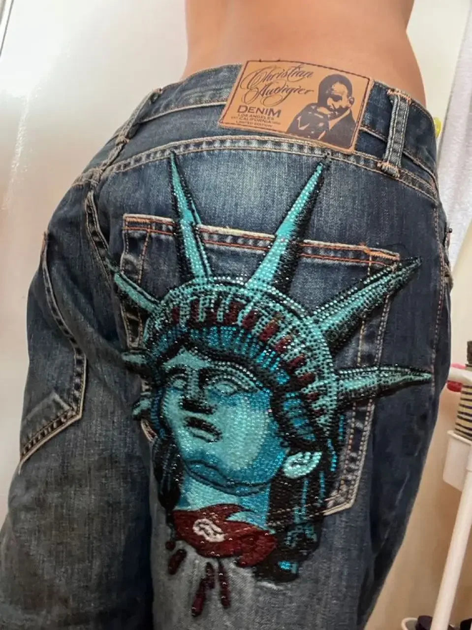 Harajuku Y2k Diamonds Wide Leg Jeans 2000s Casual Denim Pants High