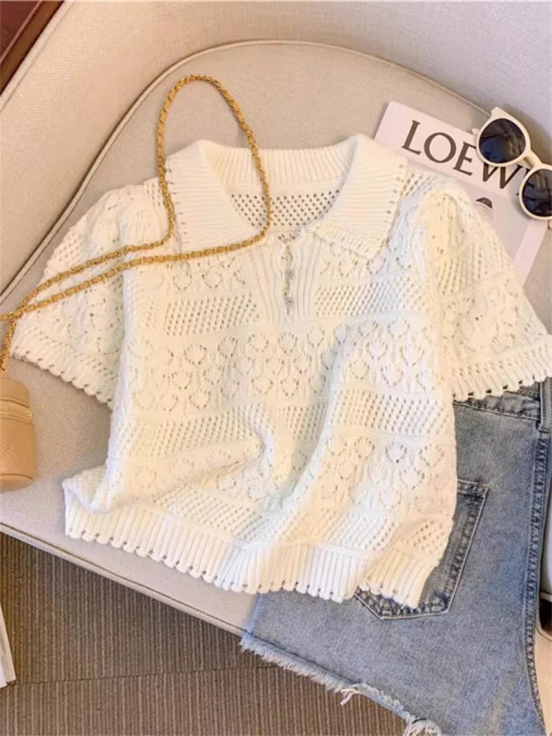 Sweet Sle Short Sleeve Knitted Shirt 2025 New Summer Hollow Out