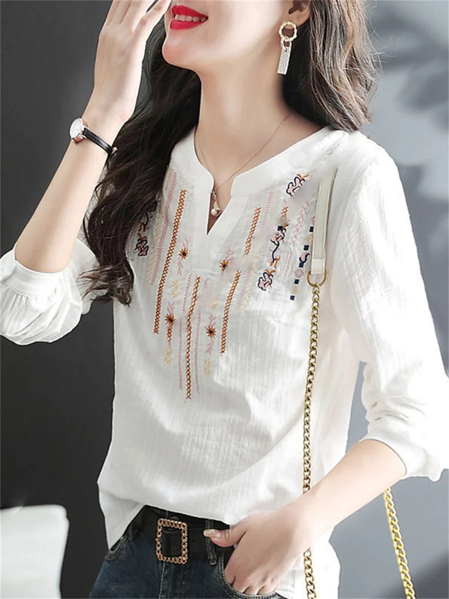 Women Spring Autumn White Blouses Tops Lady Casual Embroidery V-Neck