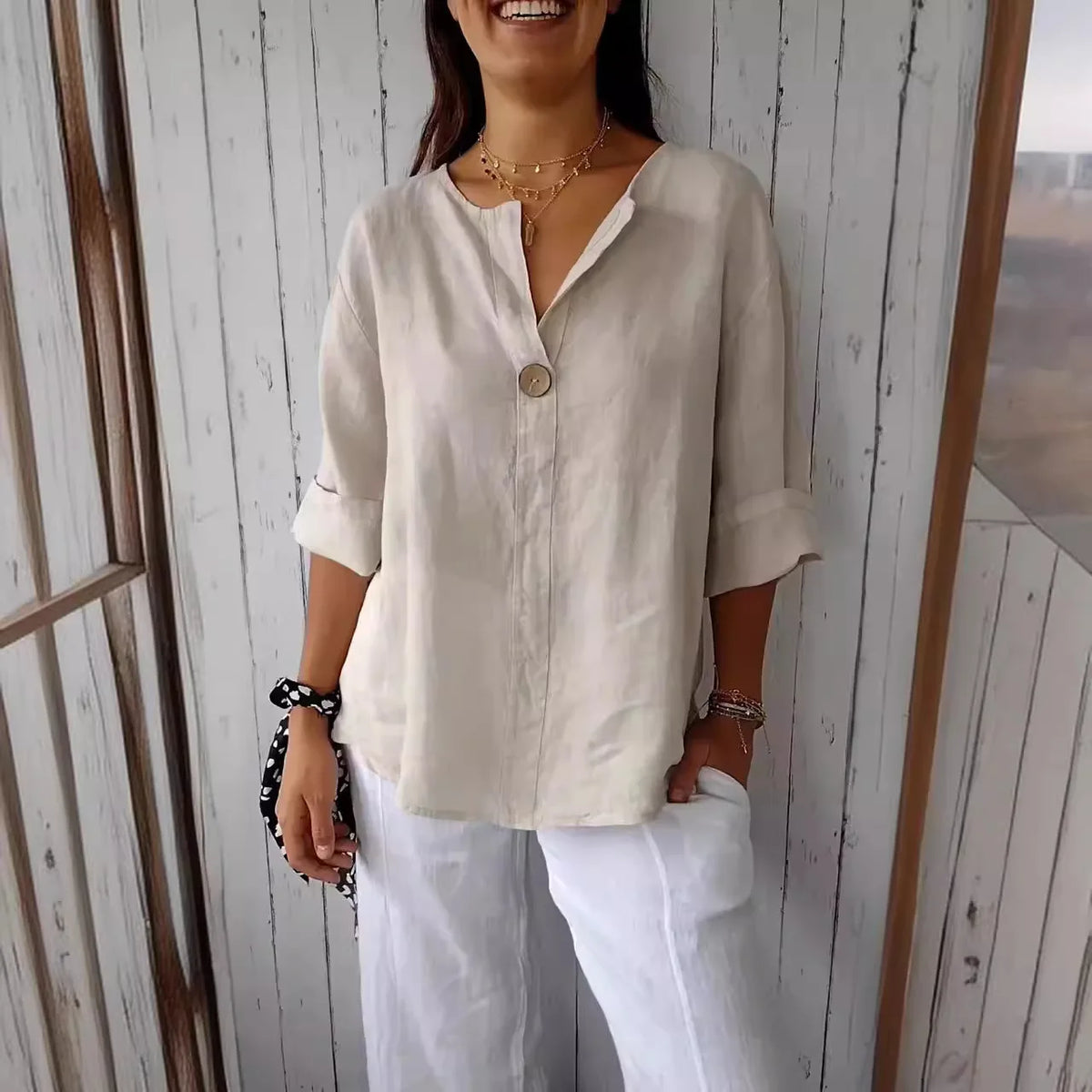 VEITCHE Spring Summer Women's Shirt Blouses Top V-neck Button Tee