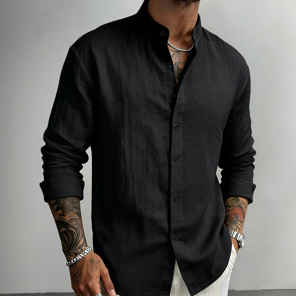 Men's Casual Shirt Henley Neck Cotton Linen Solid Color Button Down