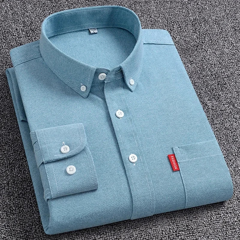5XL Men's Oxford Long Sleeve Shirts 100% Cotton Solid Color Turn Down