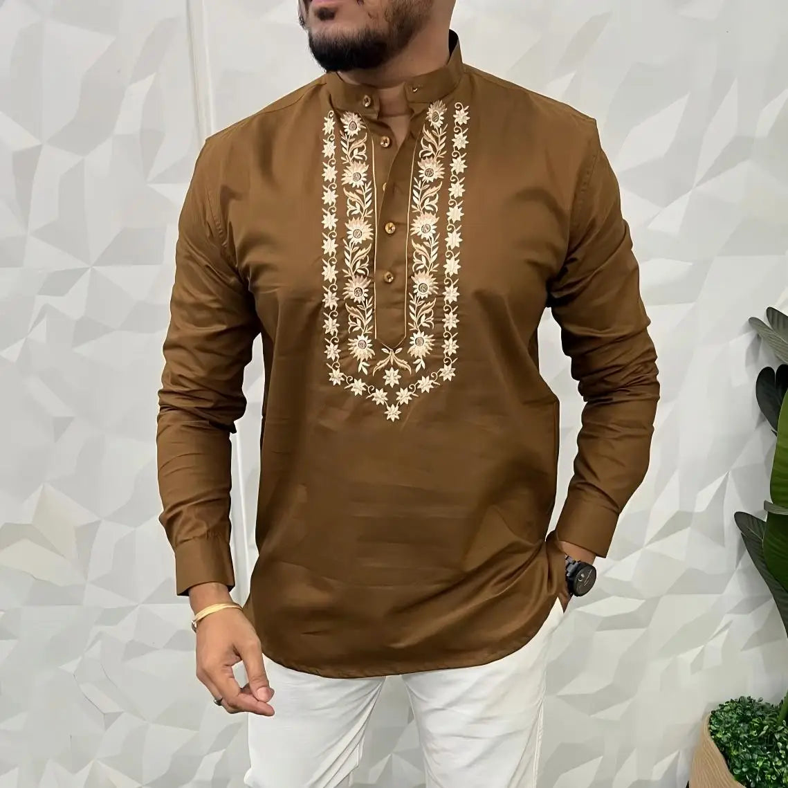 Mens Abaya Thobe Arabic National Style Henley Banded Plain Gown Shirts