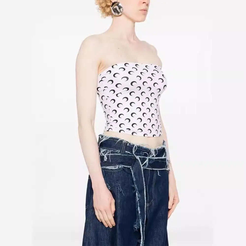 New Fashion Moon Print Sexy Short Crop Top Women's Summer Korean Style