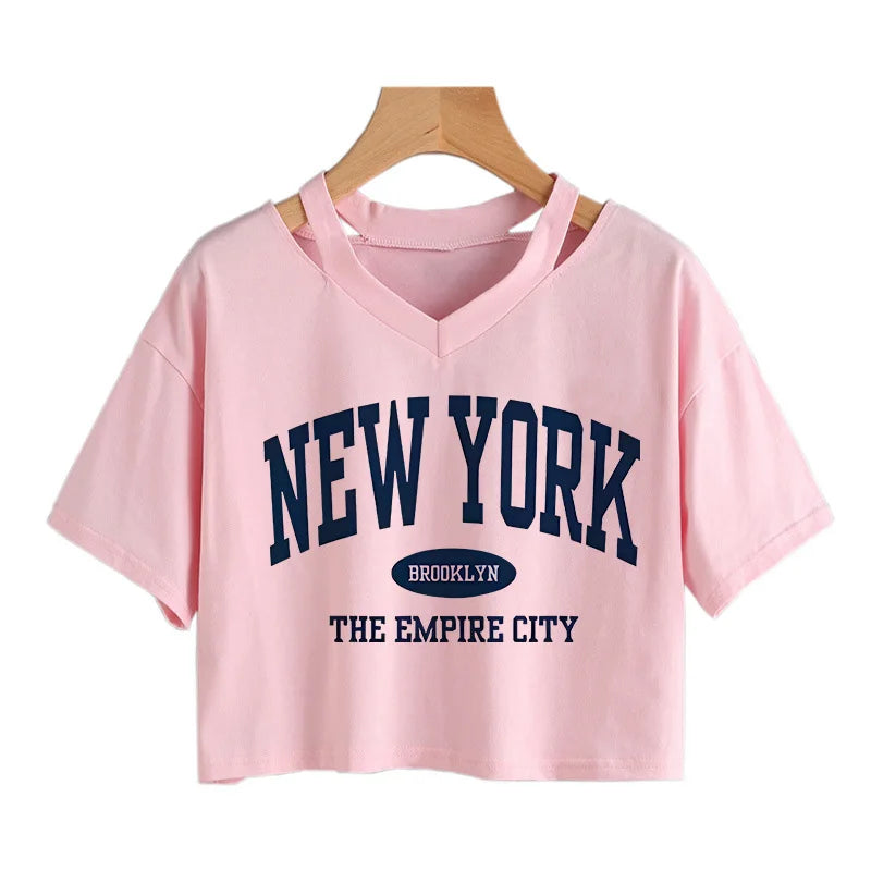 Letter New York Print Cropped Tshirt Women's Short Sleeve T Shirt