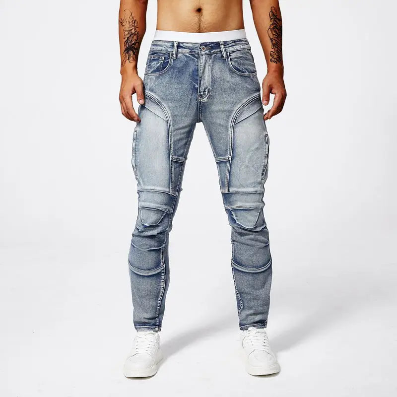 Two tone distressed patchwork jeans for men trendy jeans for summer