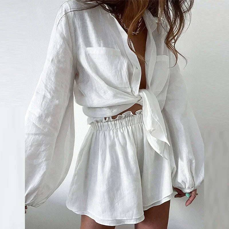 Cakulo 2025 Women's Summer 2-Piece Outfit Long Sleeve Button-Down