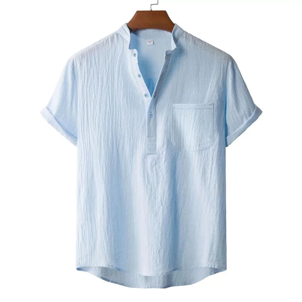Men's Summer Cotton Linen T-shirt Beach Style Short SLeeve Henley Neck
