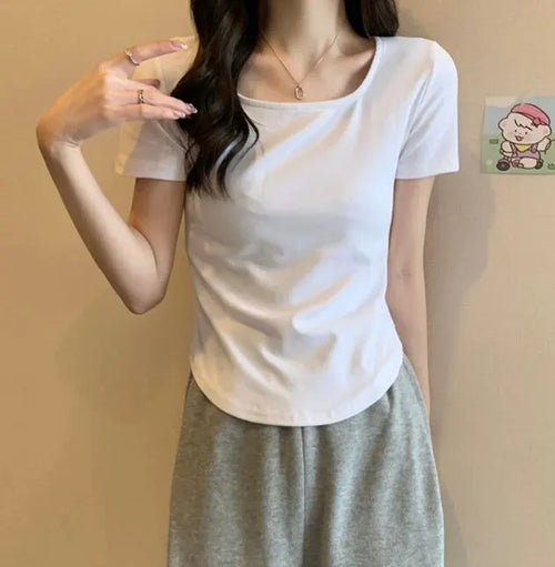 Women's Short-Sleeved T-Shirt U Neck Blouse Slim Fit Korean Style