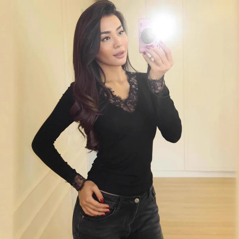 Women Solid Lace Splicing T-Shirt Soft Slim American Style Spring