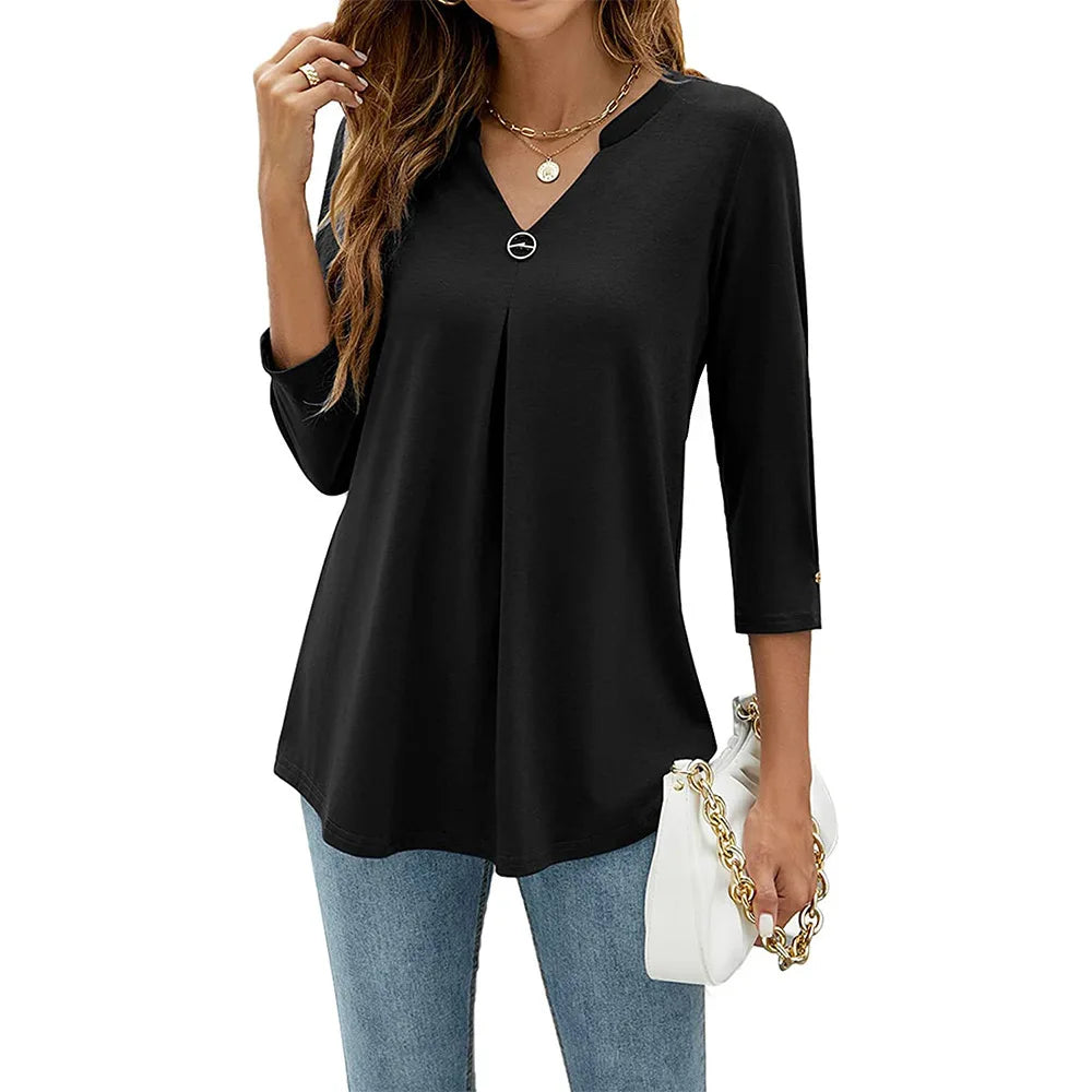 2024 Spring Autumn Women T-shirt V Neck 3/4 Sleeve Pin Decor Pleated