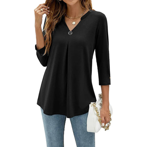 2024 Spring Autumn Women T-shirt V Neck 3/4 Sleeve Pin Decor Pleated