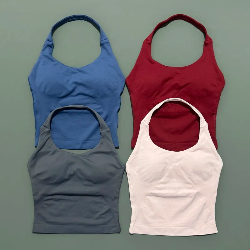 Histello Longline Strappy Top Women Sports Tank Halter Seamless Ruched