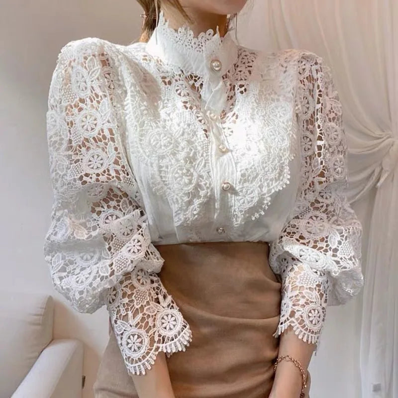 Vintage Solid White Lace Blouse Shirts Women New Korean Button Loose