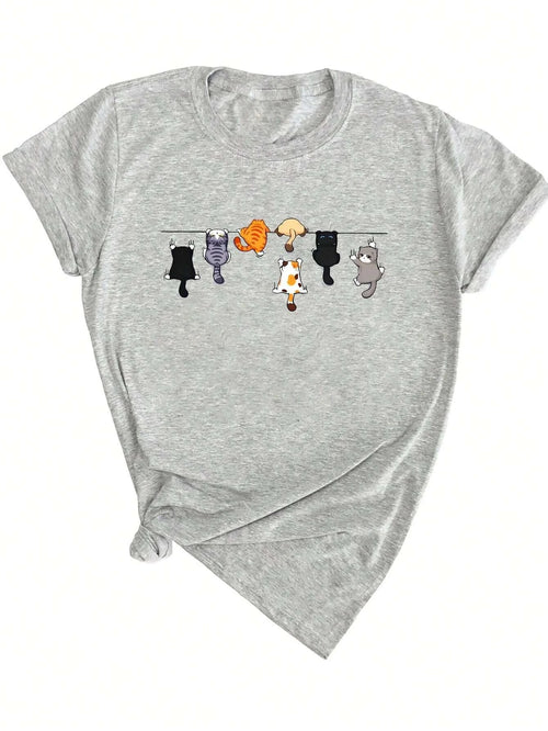 Women's Oversize Cute Cat Print Round Neck Short Sleeve Casual T-Shirt
