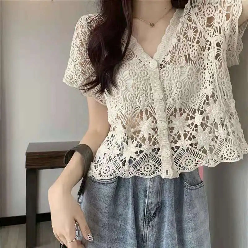 Sheer Crochet Top Button Front V-Neck Short Sleeve Open-knit