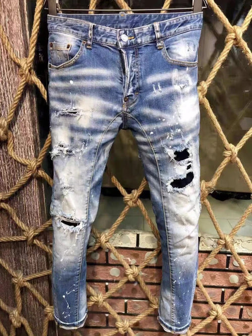 New Men's Ripped Jeans Distressed Elastic Slim Pencil Fit Denim Pants