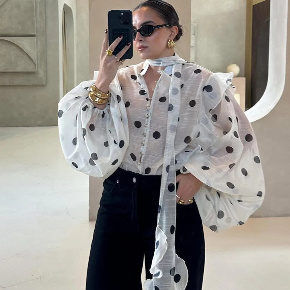 Ticketsx Polka Dot Ruffled Shirts Fashion Contrast Lace Up See Through