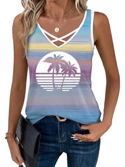 Boho Chic V-Neck Crisscross Strap Gradient Striped Beach Vest - Plus