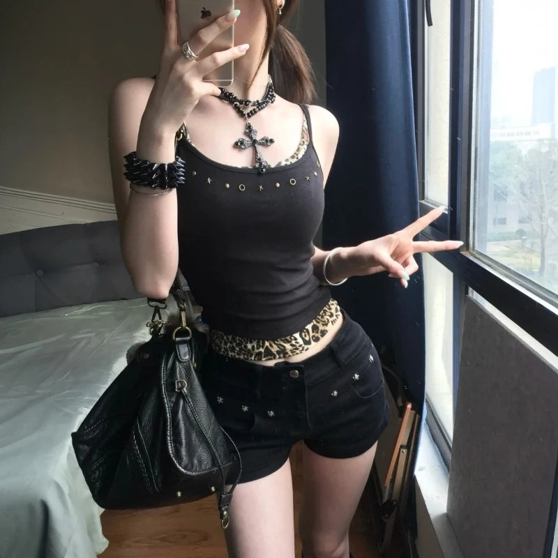 Genayooa Gothic Vintage Tank Tops Women Patchwork Leopard Fake Two