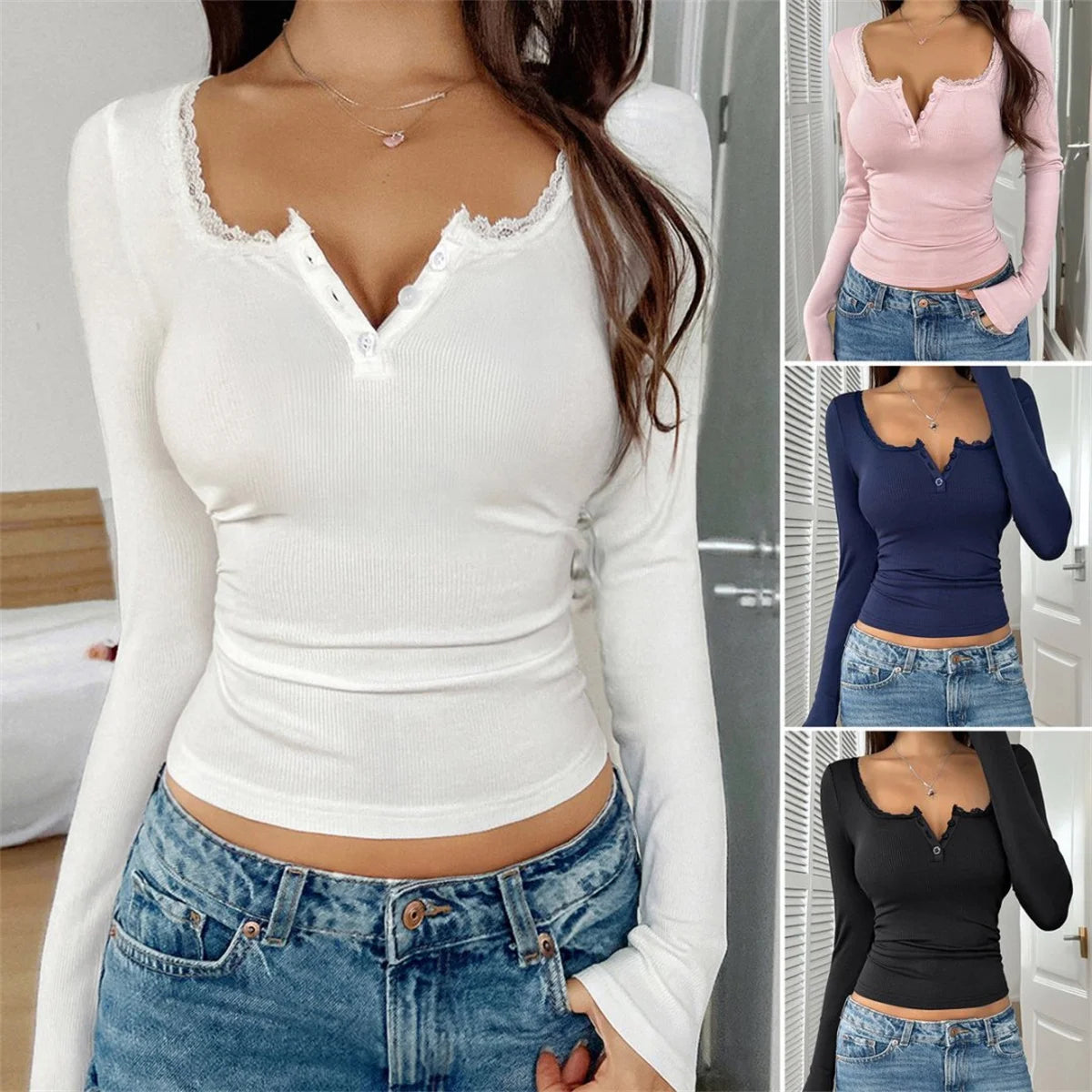 Women Y2K Lace Button Tops Autumn Spring Long Sleeve Solid Fashion