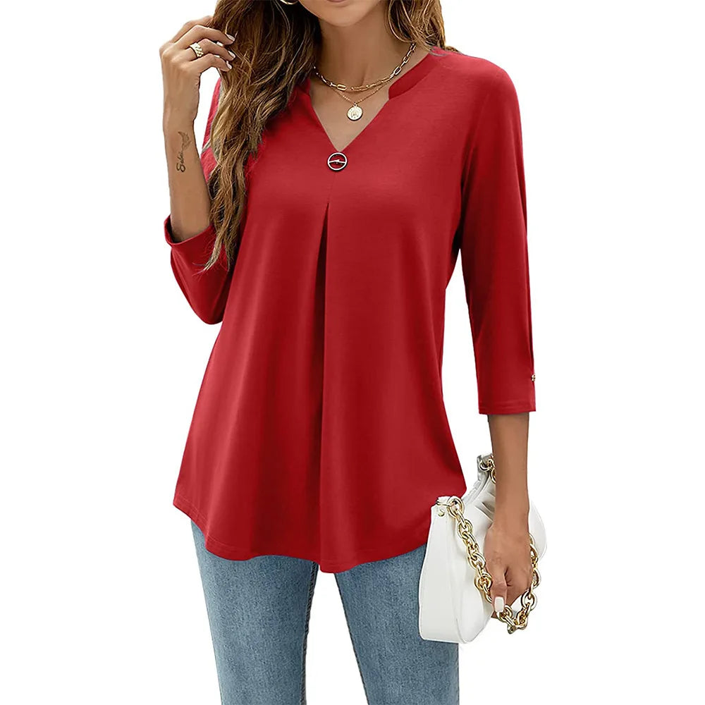 2024 Spring Autumn Women T-shirt V Neck 3/4 Sleeve Pin Decor Pleated
