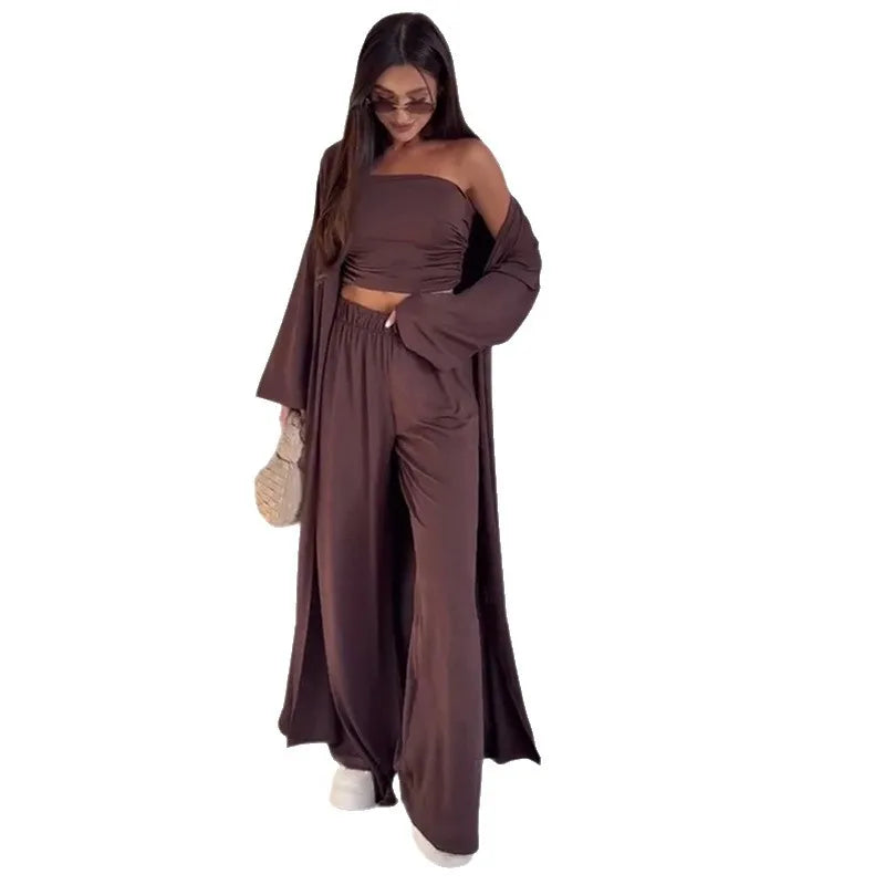 Women Pants 3 Piece Sets Cardigan Strapless Crop Top Straight Trousers